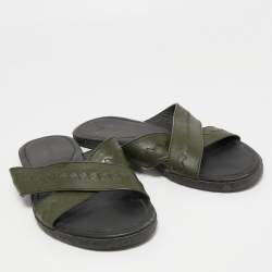 Bottega Veneta Green Leather Crisscross Flat Slides Size 44