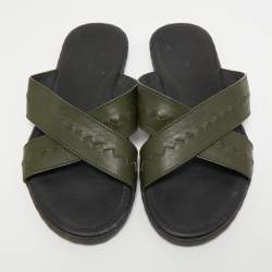 Bottega Veneta Green Leather Crisscross Flat Slides Size 44