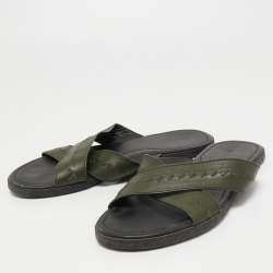 Bottega Veneta Green Leather Crisscross Flat Slides Size 44