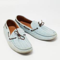 Bottega Veneta Light Blue Intrecciato Suede Bow Loafers Size 45