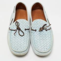 Bottega Veneta Light Blue Intrecciato Suede Bow Loafers Size 45