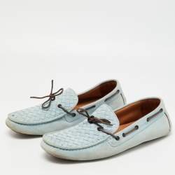 Bottega Veneta Light Blue Intrecciato Suede Bow Loafers Size 45