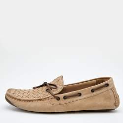 Bottega Veneta Beige Intrecciato Suede Bow Slip On Loafers Size 42.5