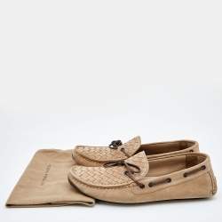 Bottega Veneta Beige Intrecciato Suede Bow Slip On Loafers Size 42.5