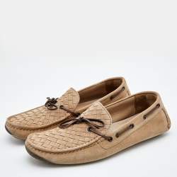 Bottega Veneta Beige Intrecciato Suede Bow Slip On Loafers Size 42.5