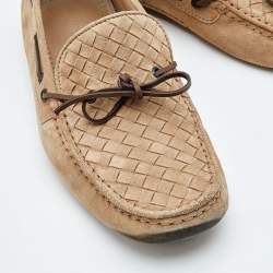 Bottega Veneta Beige Intrecciato Suede Bow Slip On Loafers Size 42.5
