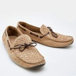 Bottega Veneta Beige Intrecciato Suede Bow Slip On Loafers Size 42.5