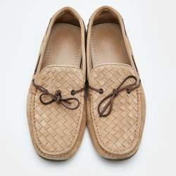 Bottega Veneta Beige Intrecciato Suede Bow Slip On Loafers Size 42.5