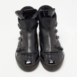Bottega Veneta Black Woven Leather and Patent High Top Sneakers Size 41
