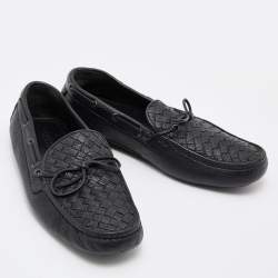Bottega Veneta Black Intrecciato Leather Cervo Wave Driver Bow Slip On Loafers 41
