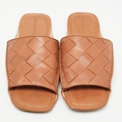 Pre Owned Bottega Veneta Brown Leather Intrecciato Weave Slide Sandals Size 44