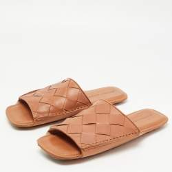Pre Owned Bottega Veneta Brown Leather Intrecciato Weave Slide Sandals Size 44