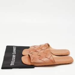 Pre Owned Bottega Veneta Brown Leather Intrecciato Weave Slide Sandals Size 44