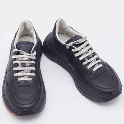 Pre Owned Bottega Veneta Black Leather Low Top Lace Up Sneakers Size 38