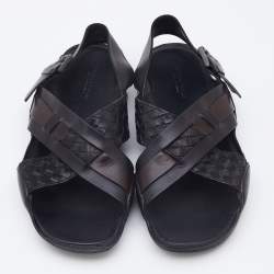 Pre Owned Bottega Veneta Black/Dark Brown Intrecciato Leather Criss Cross Flat Sandals Size 42.5