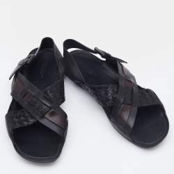 Pre Owned Bottega Veneta Black/Dark Brown Intrecciato Leather Criss Cross Flat Sandals Size 42.5