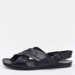 Pre Owned Bottega Veneta Black/Dark Brown Intrecciato Leather Criss Cross Flat Sandals Size 42.5