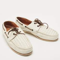 Pre Owned Bottega Veneta White Intercciato Leather Lace Up Boat Loafers Size 43