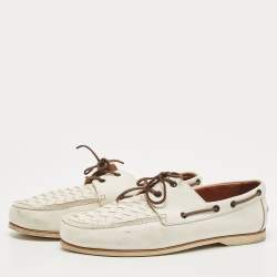 Pre Owned Bottega Veneta White Intercciato Leather Lace Up Boat Loafers Size 43