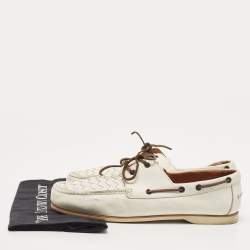 Pre Owned Bottega Veneta White Intercciato Leather Lace Up Boat Loafers Size 43