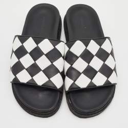 Pre Owned Bottega Veneta Black/White Intrecciato Leather Slides Size 42