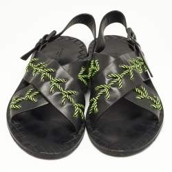 Pre Owned Bottega Veneta Black/Green Leather Criss Cross Flat Sandals Size 43