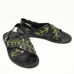 Pre Owned Bottega Veneta Black/Green Leather Criss Cross Flat Sandals Size 43