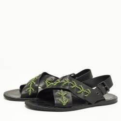 Pre Owned Bottega Veneta Black/Green Leather Criss Cross Flat Sandals Size 43