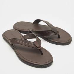 Pre Owned Bottega Veneta Brown Intrecciato Leather Thong Slide Flats Size 42