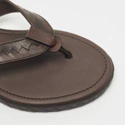 Pre Owned Bottega Veneta Brown Intrecciato Leather Thong Slide Flats Size 42