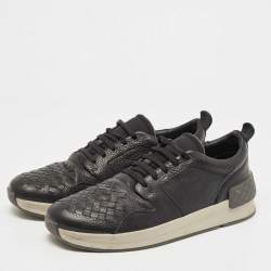 Pre Owned Bottega Veneta Black Intrecciato Leather Lace Up Sneakers Size 43