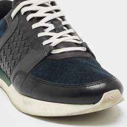 Bottega Veneta Navy Blue/Black Intrecciato Leather and Suede Lace Up Sneakers Size 43.5