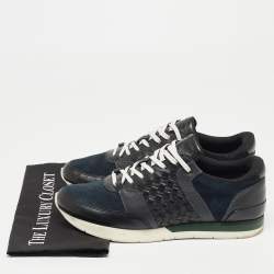 Bottega Veneta Navy Blue/Black Intrecciato Leather and Suede Lace Up Sneakers Size 43.5
