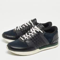 Bottega Veneta Navy Blue/Black Intrecciato Leather and Suede Lace Up Sneakers Size 43.5