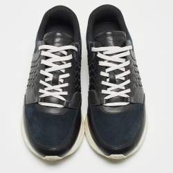 Bottega Veneta Navy Blue/Black Intrecciato Leather and Suede Lace Up Sneakers Size 43.5