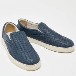 Pre Owned Bottega Veneta Blue Intrecciato Leather Slip On Sneakers Size 44