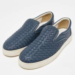 Pre Owned Bottega Veneta Blue Intrecciato Leather Slip On Sneakers Size 44