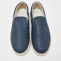 Pre Owned Bottega Veneta Blue Intrecciato Leather Slip On Sneakers Size 44