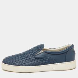 Pre Owned Bottega Veneta Blue Intrecciato Leather Slip On Sneakers Size 44