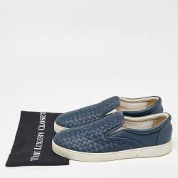 Pre Owned Bottega Veneta Blue Intrecciato Leather Slip On Sneakers Size 44