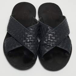 Pre Owned Bottega Veneta Navy Blue Intrecciato Leather Criss Cross Flat Slides Size 44