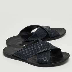 Pre Owned Bottega Veneta Navy Blue Intrecciato Leather Criss Cross Flat Slides Size 44