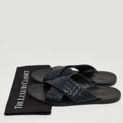 Pre Owned Bottega Veneta Navy Blue Intrecciato Leather Criss Cross Flat Slides Size 44