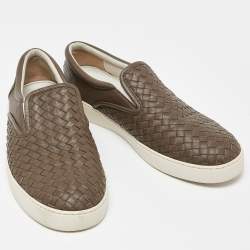 Bottega Veneta Brown Intrecciato Leather Slip On Sneakers Size 43.5