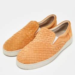 Pre Owned Bottega Veneta Orange Intrecciato Suede Dodger Slip On Sneakers Size 44