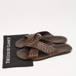 Bottega Veneta Brown Intrecciato Leather Cross Strap Slides Size 43