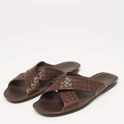 Bottega Veneta Brown Intrecciato Leather Cross Strap Slides Size 43
