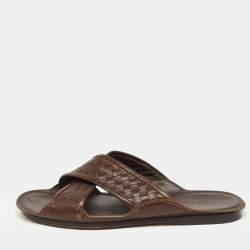 Bottega Veneta Brown Intrecciato Leather Cross Strap Slides Size 43