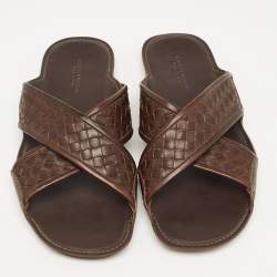 Bottega Veneta Brown Intrecciato Leather Cross Strap Slides Size 43