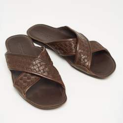Bottega Veneta Brown Intrecciato Leather Cross Strap Slides Size 43
